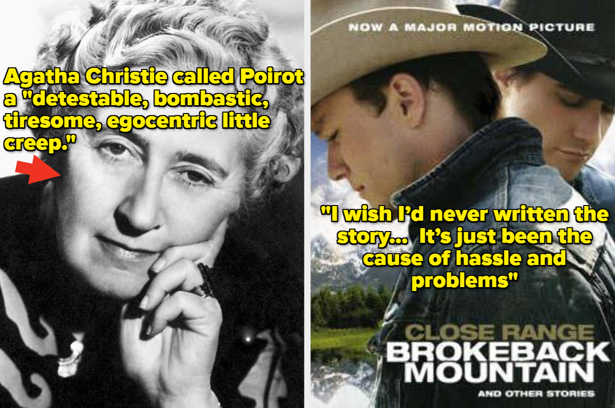 Left side: Black and white image of Agatha Christie with a quote about Poirot. Right side: Poster for "Close Range: Brokeback Mountain and Other Stories" with two men in cowboy hats