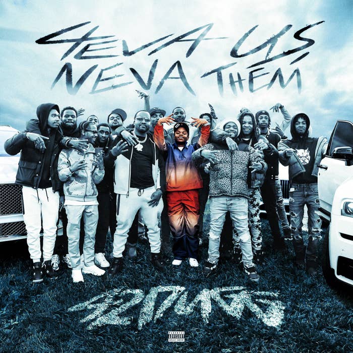 The cover of the album &quot;4Eva Us Neva Them&quot; by the group 42 Dugg and others, featuring multiple individuals posing together, with the title in large script at the top