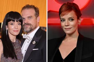 David Harbour in a tuxedo with Lily Allen in a striped dress, and Lily Allen in a black outfit in a separate image