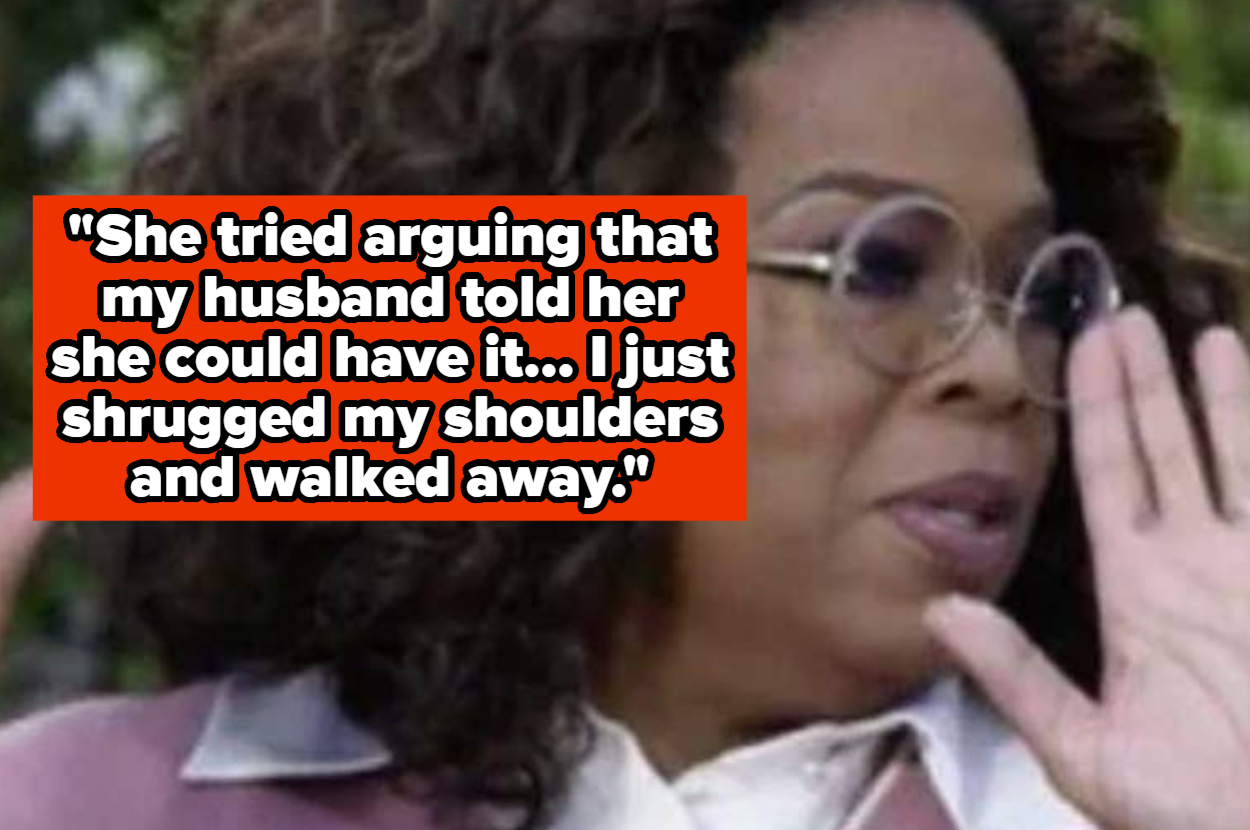 Oprah Winfrey holding up her hands, with text overlay: "She tried arguing that my husband told her she could have it... I just shrugged my shoulders and walked away."