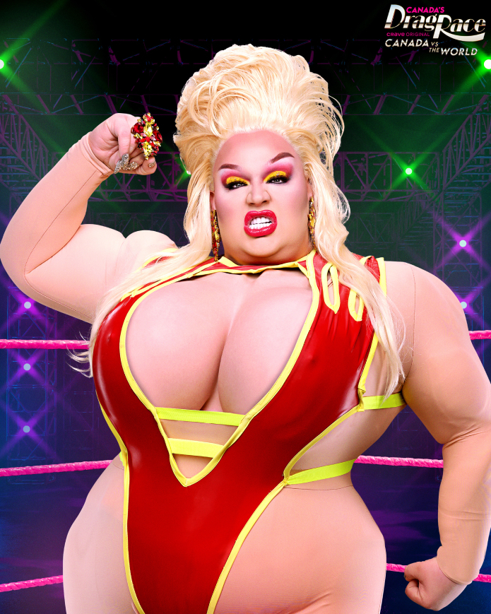 A larger-than-life drag queen, Silky Nutmeg Ganache, posing fiercely in an eye-catching leotard, against the backdrop of Canada's Drag Race: Canada vs. The World