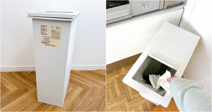 縦型のゴミ箱の左側画像と、ゴミを捨てる手を映した右側画像。