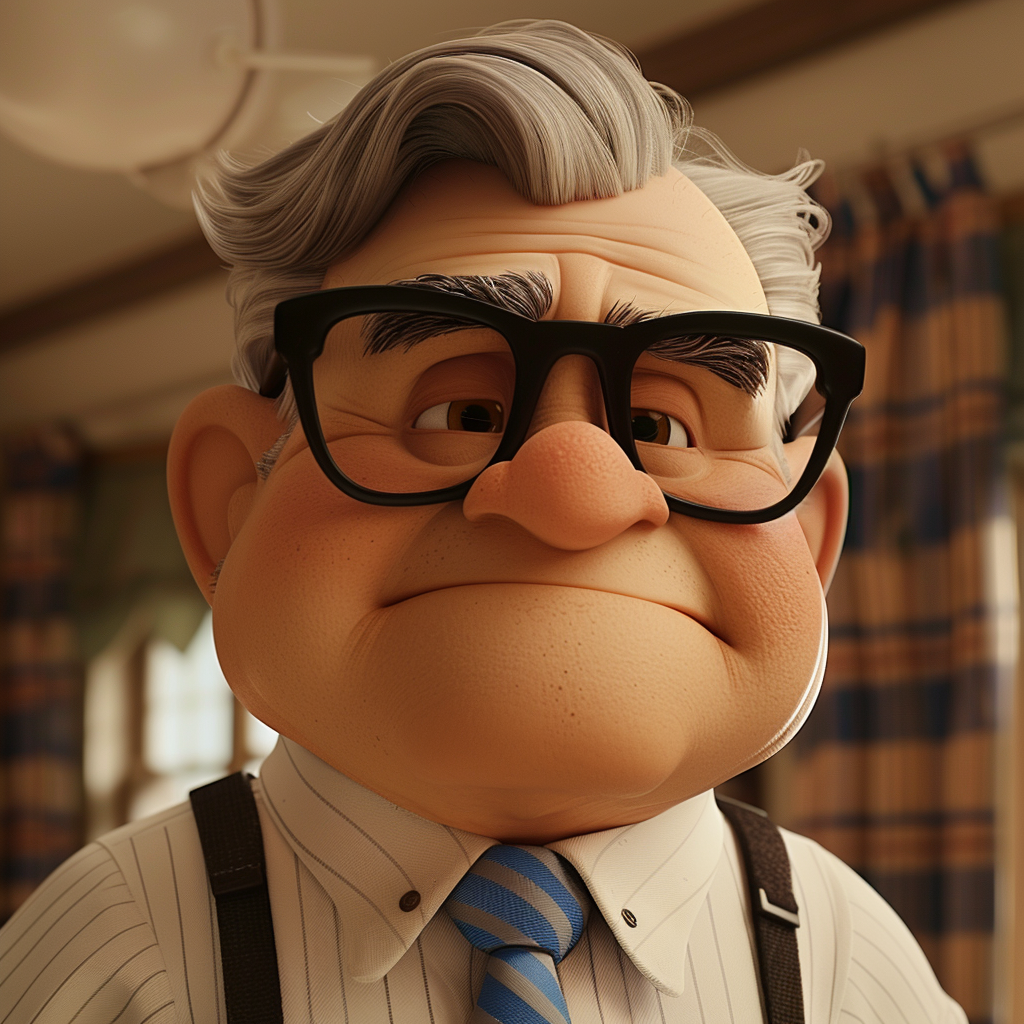 Animated character wearing black glasses, a striped shirt, and a blue tie