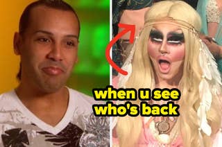 Left: Alexis Mateo out of drag smiling. Right: Trixie Mattel in elaborate makeup and costume with a surprised expression. Text reads: 