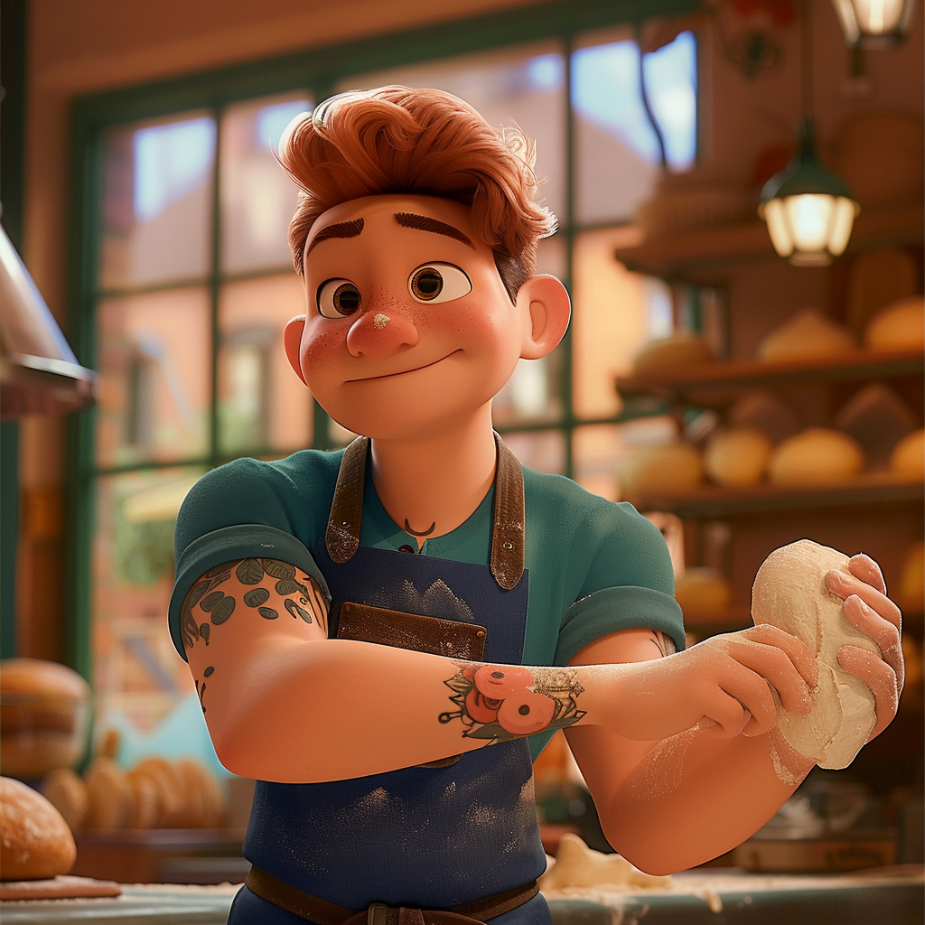 Animated character Luca from "Luca" stands in a bakery, smiling and kneading dough, showcasing his forearm tattoos