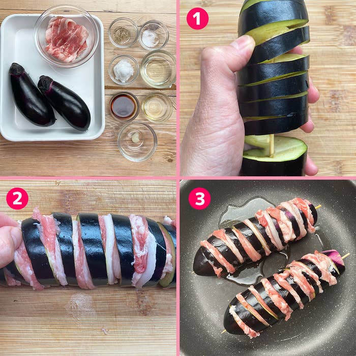 調理段階の写真。1. ナスに切り込みを入れる。2. 切り込みに肉を差し込む。3. フライパンで焼く。