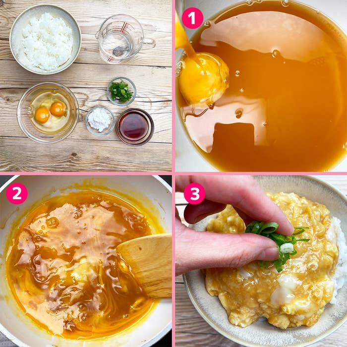 調理プロセスの図。ご飯と材料の準備、卵の混ぜ、炒る、完成品の装飾を順に紹介。