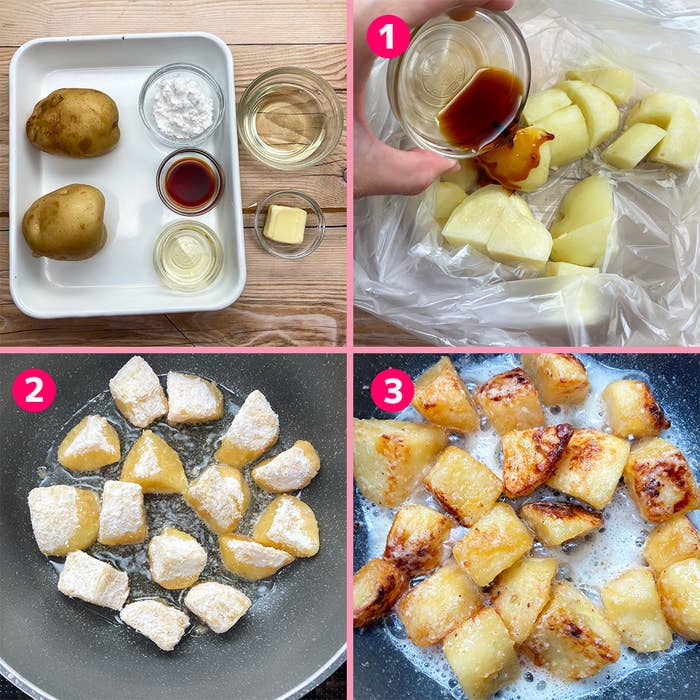 手順1: ジャガイモ、片栗粉、醤油、バター、油を用意。
手順2: ジャガイモに片栗粉をまぶす。
手順3: フライパンで揚げる。