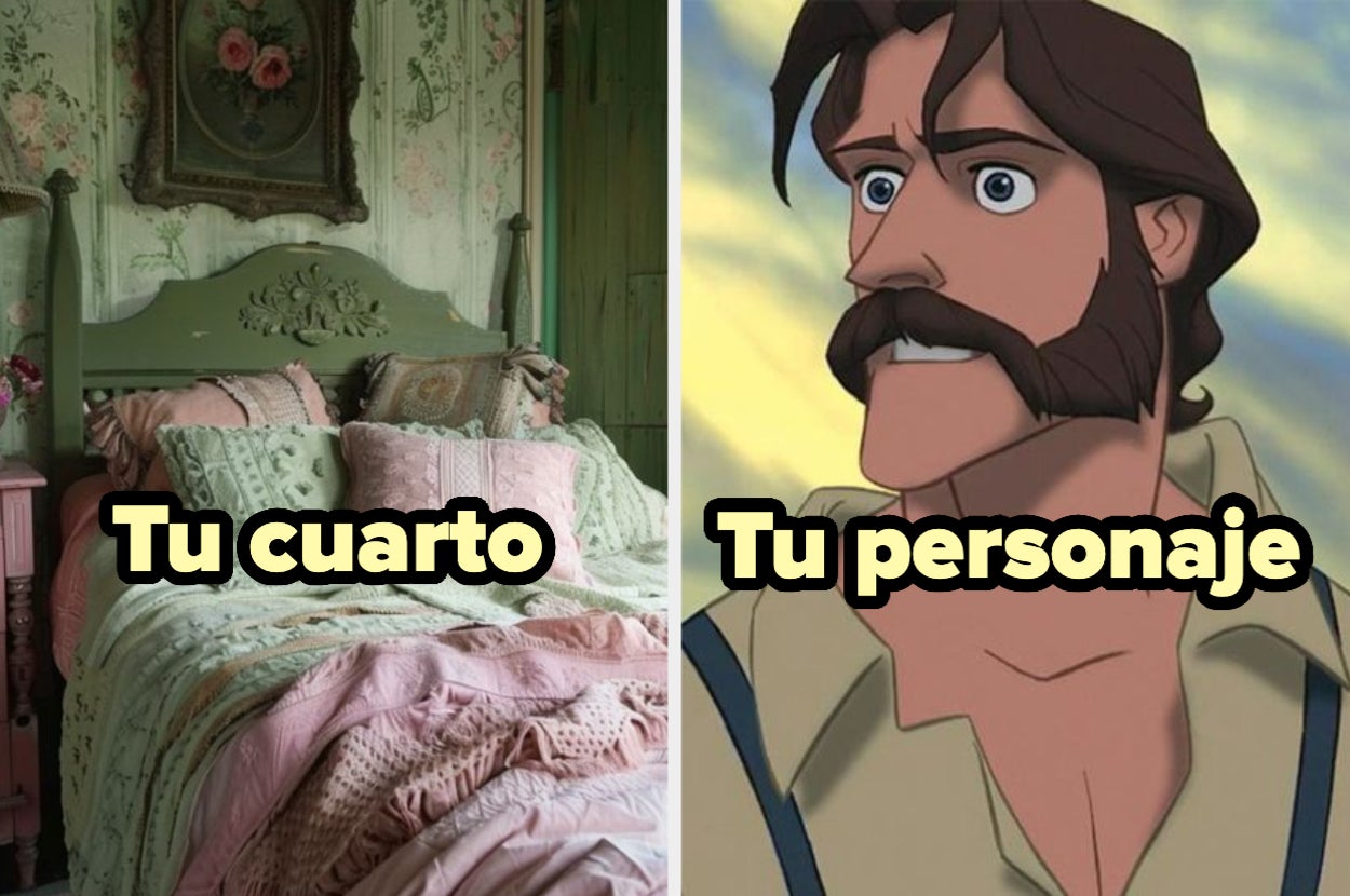 Imagen dividida: izquierda muestra una cama con edredón texturizado y almohadas decorativas, a la derecha un personaje animado con bigote. Texto: "Tu cuarto" y "Tu personaje"