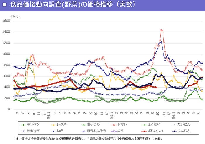 食料価格動向調査（野菜）の価格推移を示すグラフ。複数の野菜（キャベツ、玉ねぎ、レタスなど）の価格変動が表示されています。
