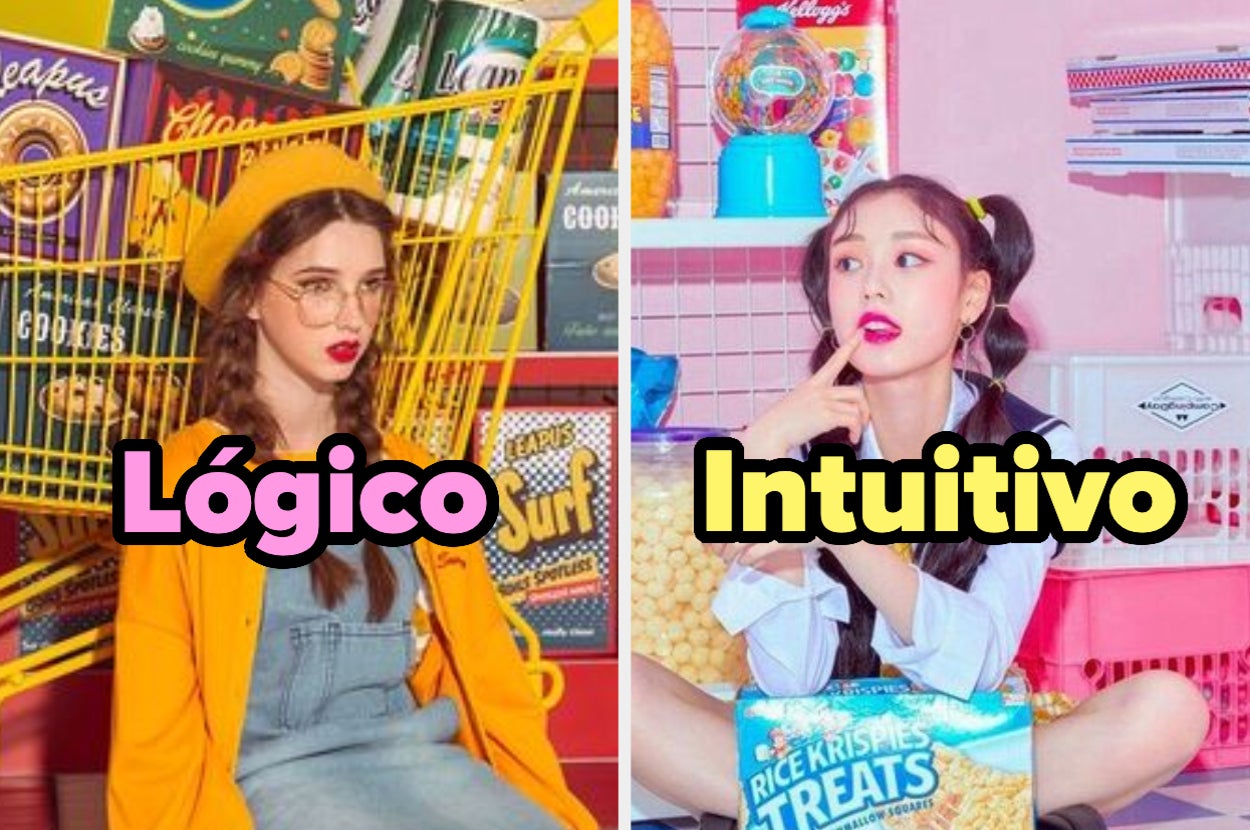Imágenes de dos mujeres con atuendos coloridos: una está de pie junto a un carrito de supermercado con productos de cereales, la otra sentada comiendo Rice Krispies Treats. Texto: "Lógico" e "Intuitivo"