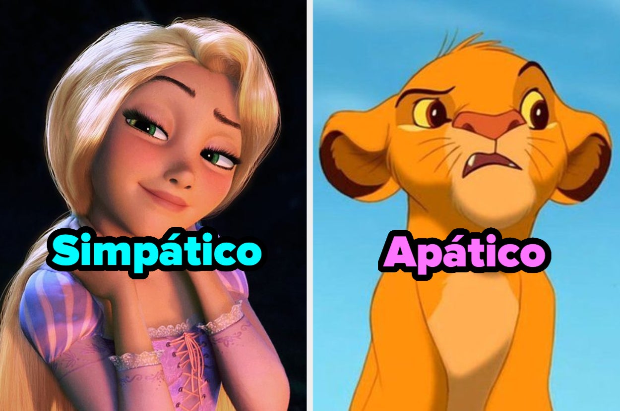 Rapunzel de "Enredados" con expresión simpática a la izquierda y Simba de "El Rey León" con expresión apática a la derecha, con etiquetas de "Simpático" y "Apático"