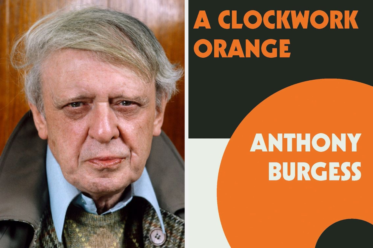 Anthony Burgess next to the cover of his book &quot;A Clockwork Orange.&quot; He wears a coat over a sweater and collared shirt