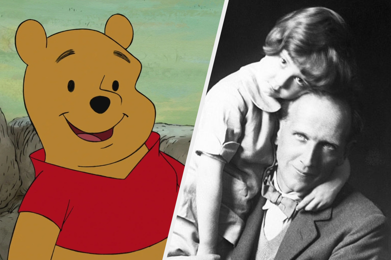 Winnie the Pooh illustration beside a black-and-white photo of A. A. Milne, hugging Christopher Robin