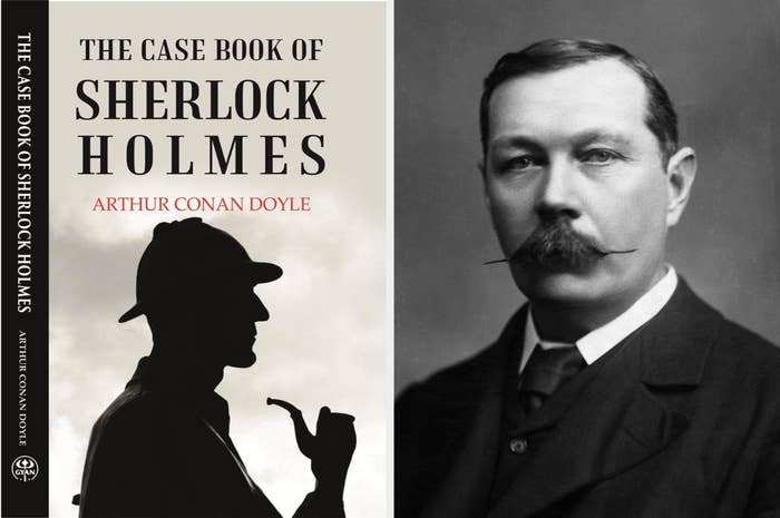 Book cover of "The Case Book of Sherlock Holmes" by Arthur Conan Doyle. Beside it, a portrait of Arthur Conan Doyle in a suit with a mustache