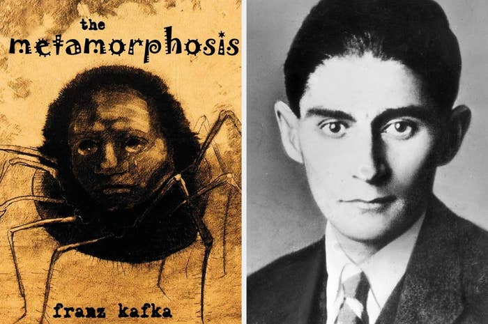 Cover of &quot;The Metamorphosis&quot; by Franz Kafka, featuring an illustration of a partial human and insect, next to a black-and-white portrait of Franz Kafka