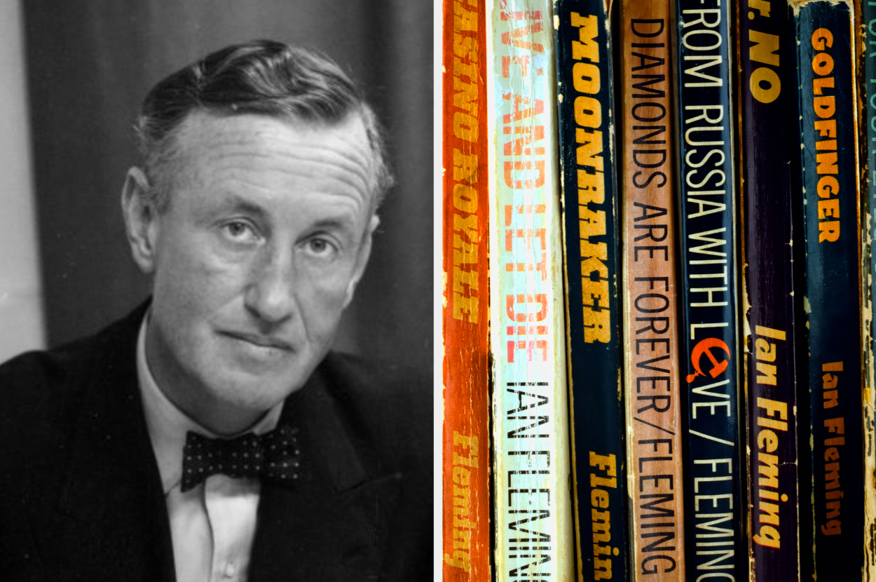 Ian Fleming, in a bow tie, is shown next to a collection of his James Bond books, including &quot;Live and Let Die&quot; and &quot;Goldfinger.&quot;