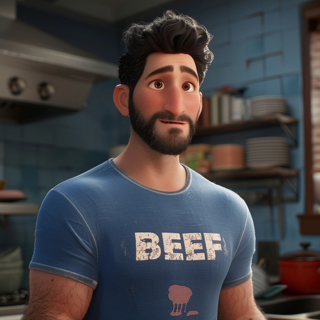 Animated character in a kitchen wearing a t-shirt with the word "BEEF." The character has a beard and looks pleasantly surprised