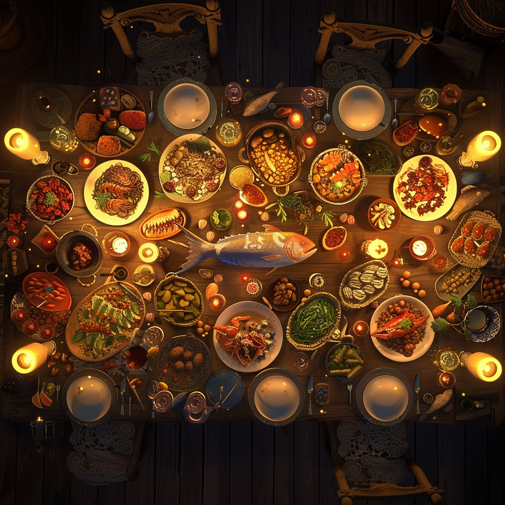 A beautifully arranged dinner table filled with a variety of dishes, including seafood, vegetables, and desserts, illuminated by candlelight. No persons are in the image