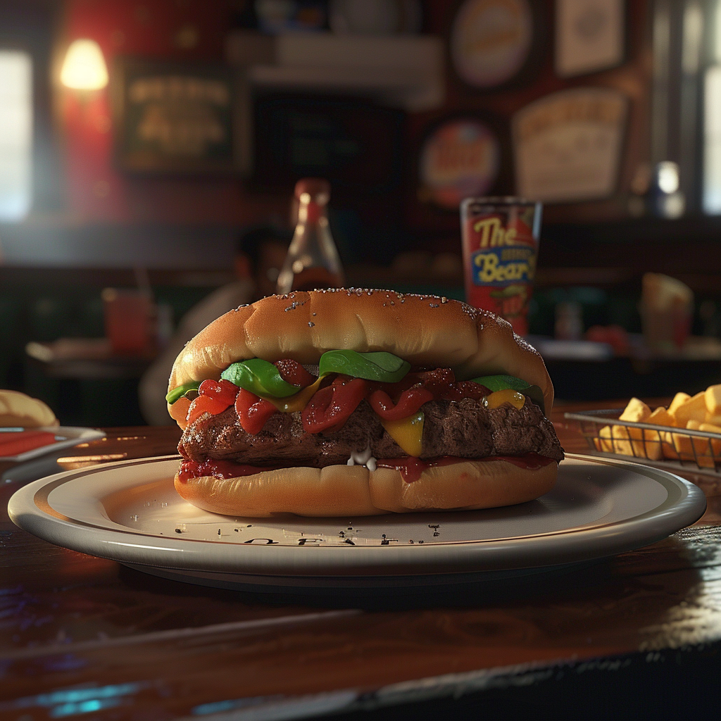 A juicy hamburger with ketchup and lettuce on a hoagie roll, served on a white plate in a cozy restaurant setting with fries and beverages in the background