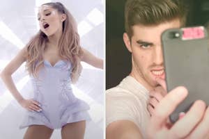 Ariana Grande is singing, wearing a futuristic silver outfit. On the right, a man is taking a selfie with a smartphone