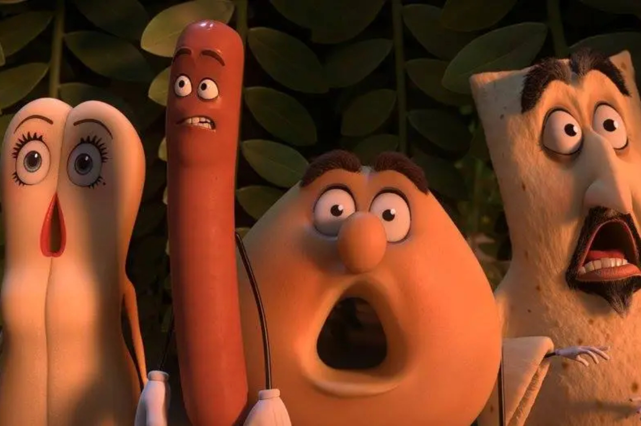 Characters from the animated film "Sausage Party": Brenda the bun, Frank the sausage, Barry the bagel, and Sammy Bagel Jr., looking shocked
