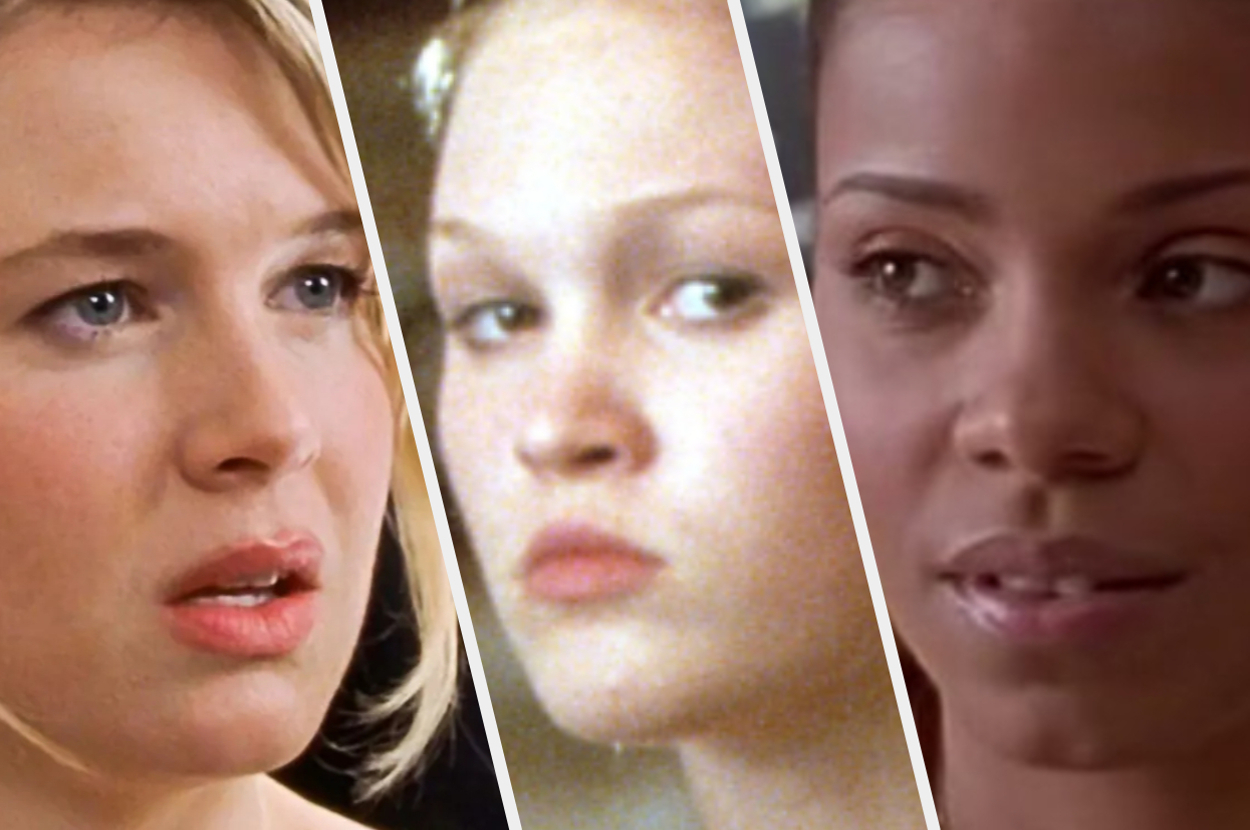 Renée Zellweger, Julia Stiles, and Zoe Saldana in close-up shots from different movies