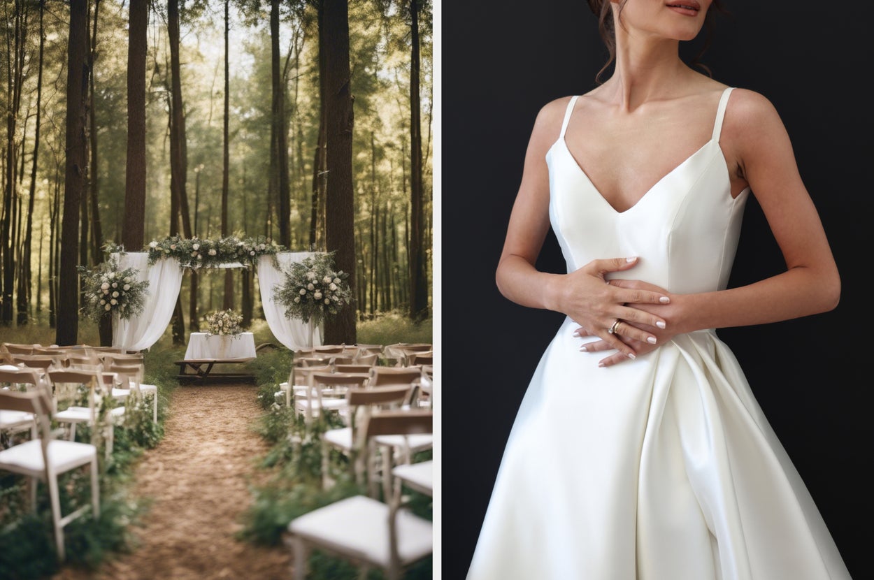 Left: A forest wedding setup with chairs and a decorated altar. Right: A woman in a sleeveless, satin wedding dress with an A-line silhouette