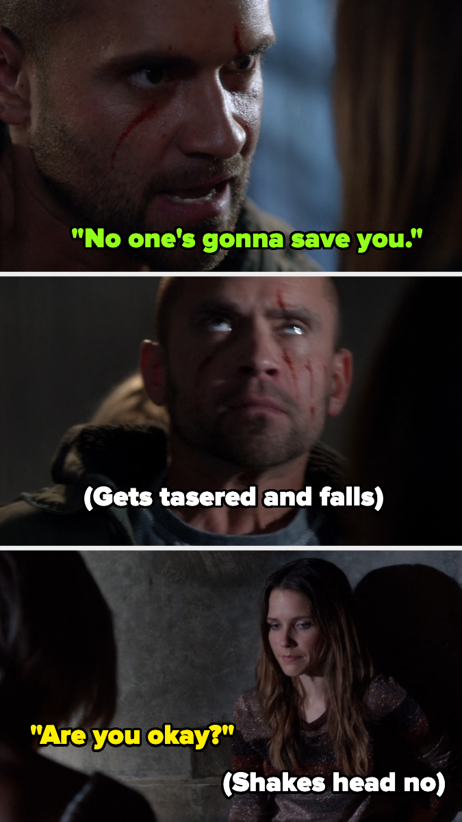 Three-panel meme showing a man with blood on his face saying, &quot;No one's gonna save you.&quot; He gets tasered and falls. A woman asks, &quot;Are you okay?&quot; He shakes his head no