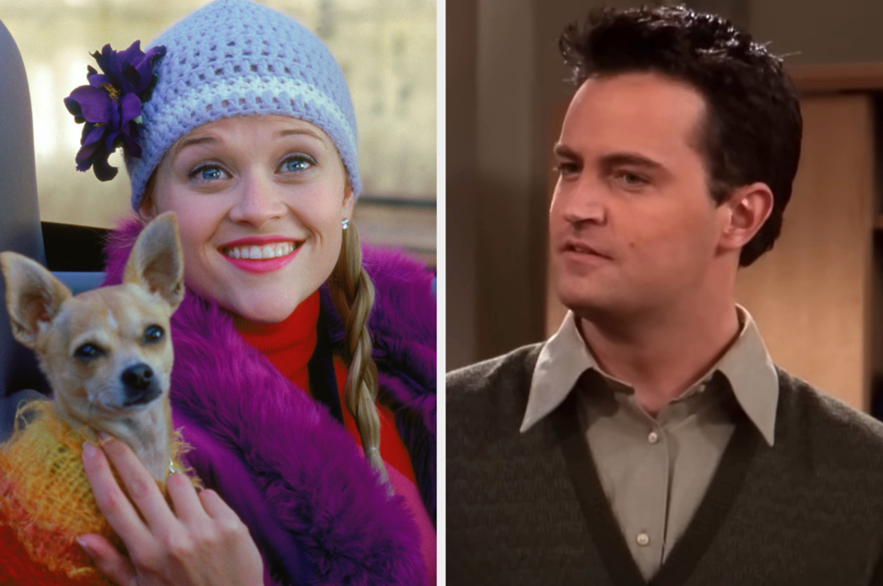 Reese Witherspoon, dressed in a stylish winter hat with a flower and a furry coat, holds a small dog. Matthew Perry wearing a button-up shirt and sweater