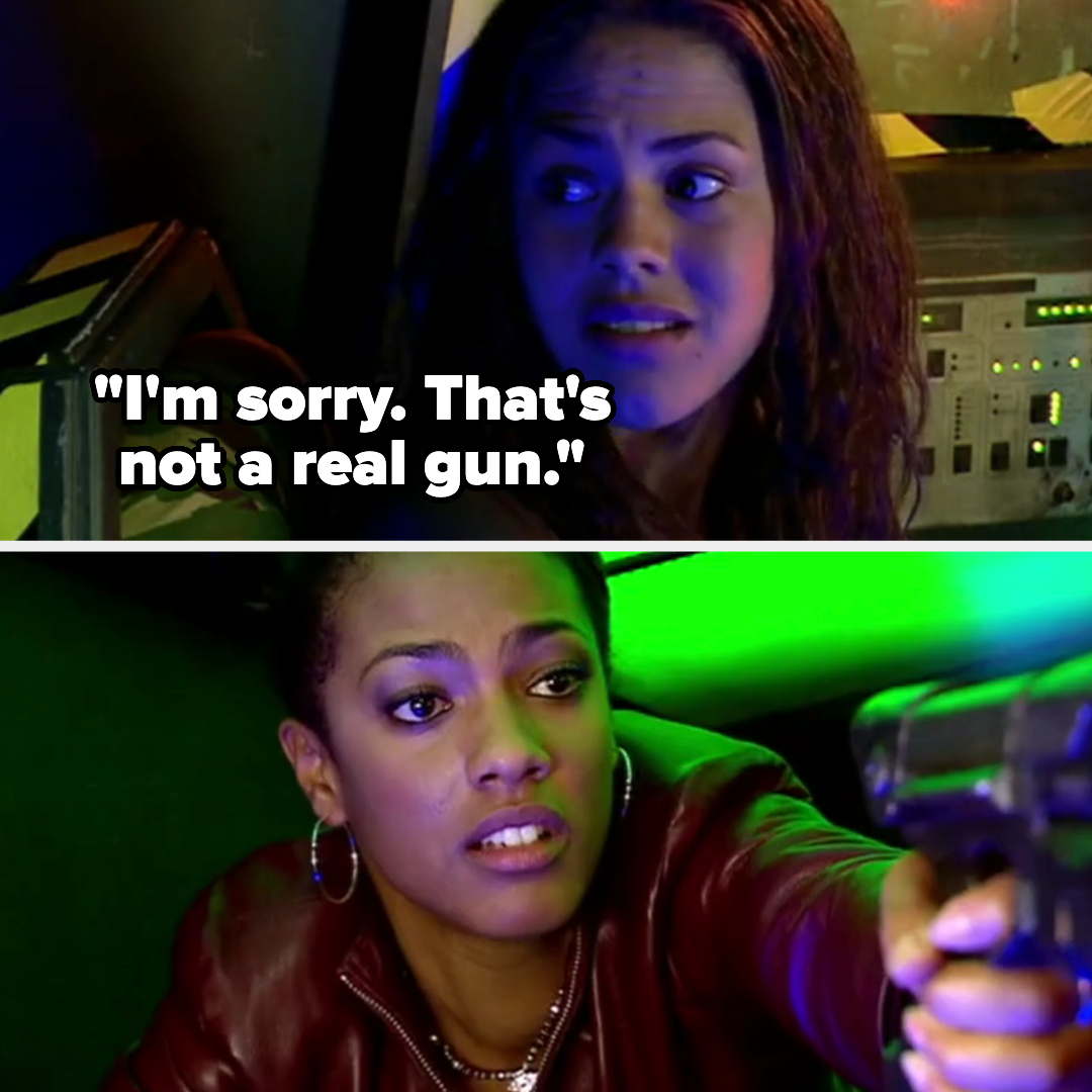 Two images show characters from Doctor Who, top: Rose Tyler saying &quot;I'm sorry. That's not a real gun,&quot; bottom: Martha Jones holding a futuristic gun