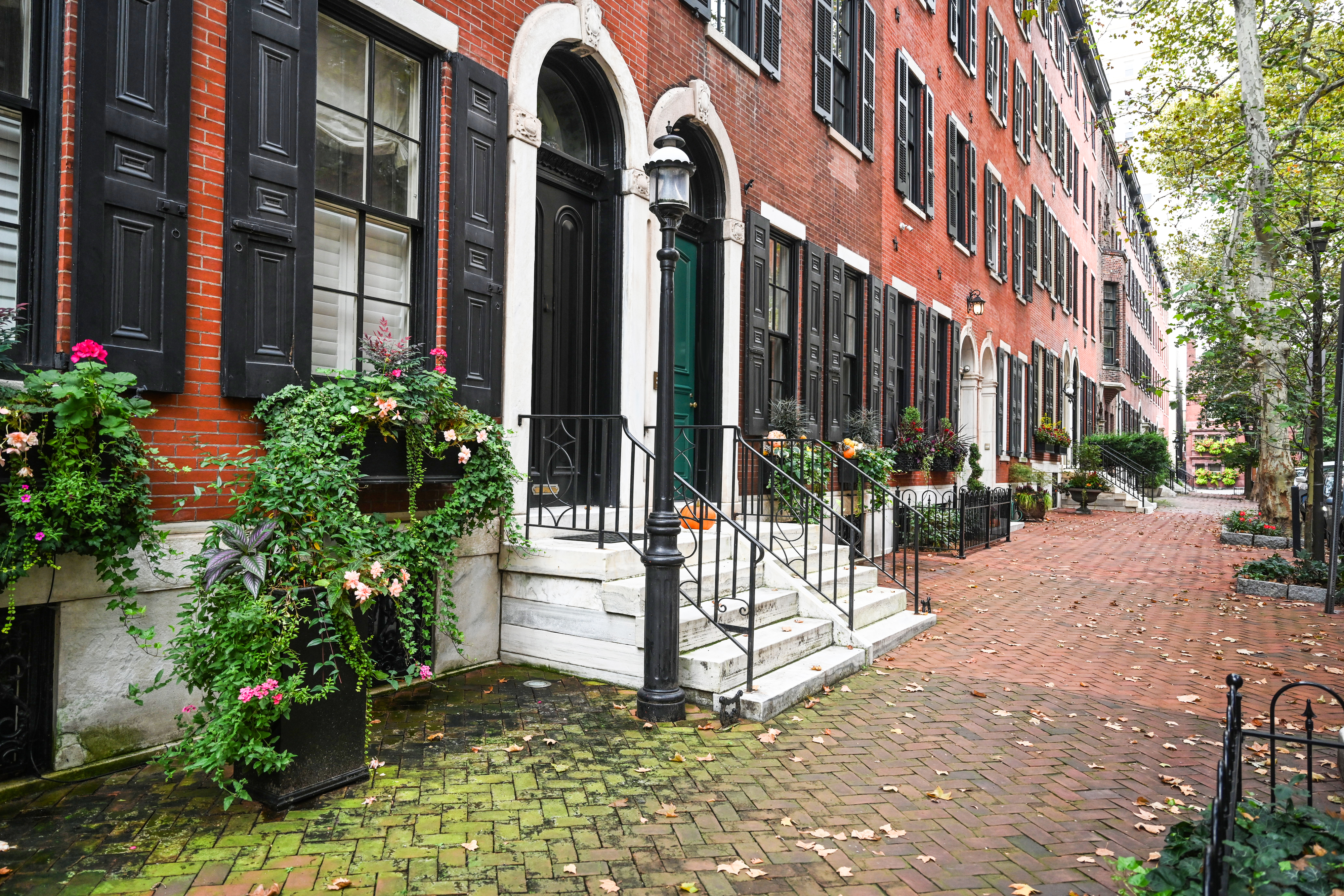 Brick row houses with black shutters, white steps, and flower boxes line a tree-lined, cobblestone pathway