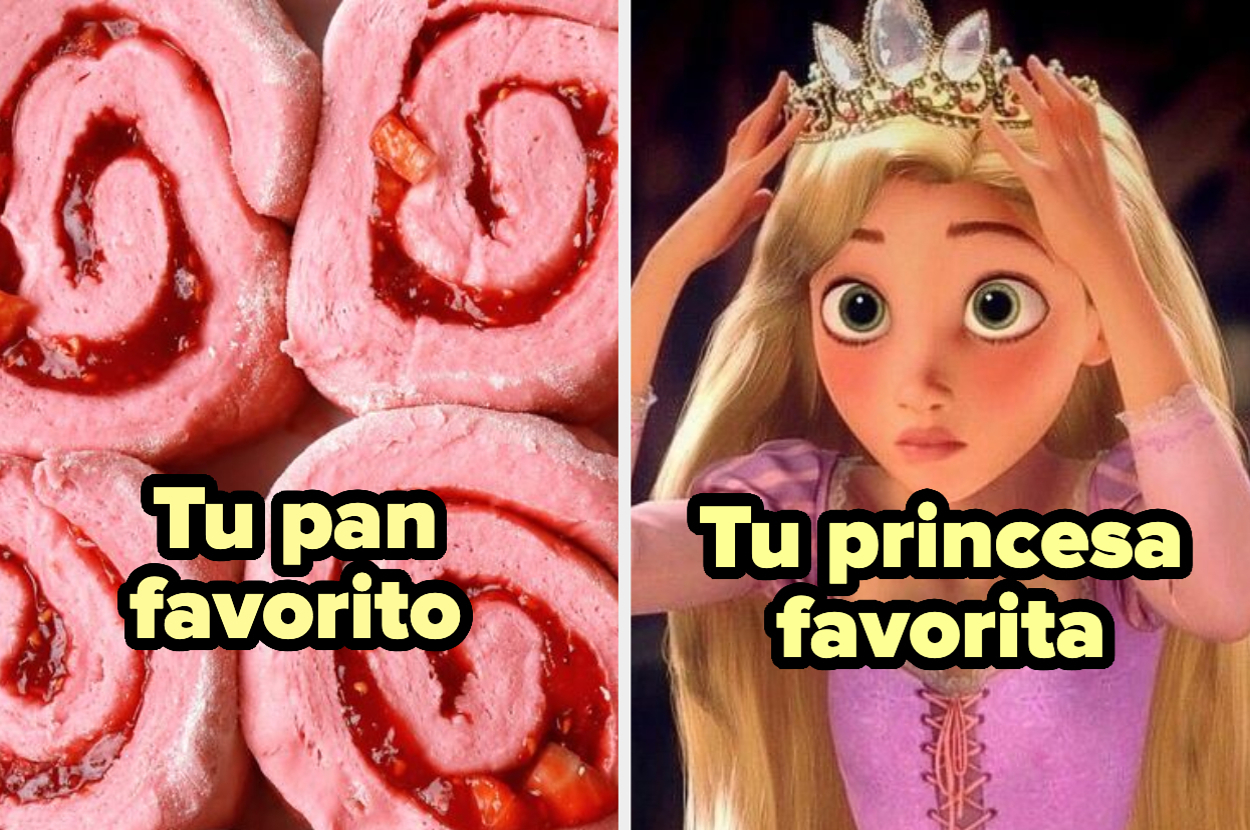 Panel izquierdo con panes enrollados en mermelada, panel derecho con Rapunzel de Disney poniéndose una corona. Texto: "Tu pan favorito" a la izquierda, "Tu princesa favorita" a la derecha