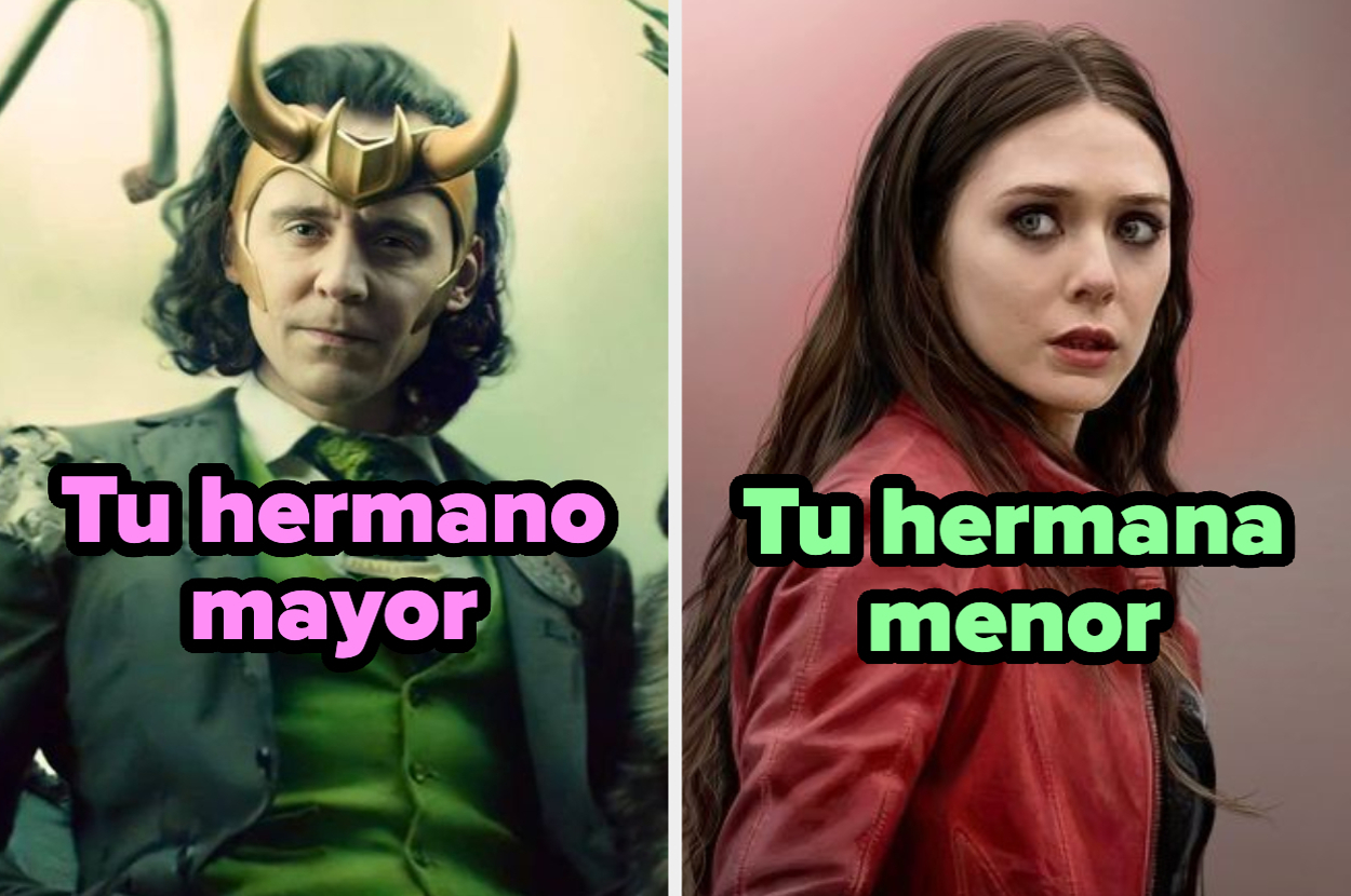 Tom Hiddleston disfrazado de Loki a la izquierda con texto "Tu hermano mayor". Elizabeth Olsen como Wanda Maximoff a la derecha con texto "Tu hermana menor"
