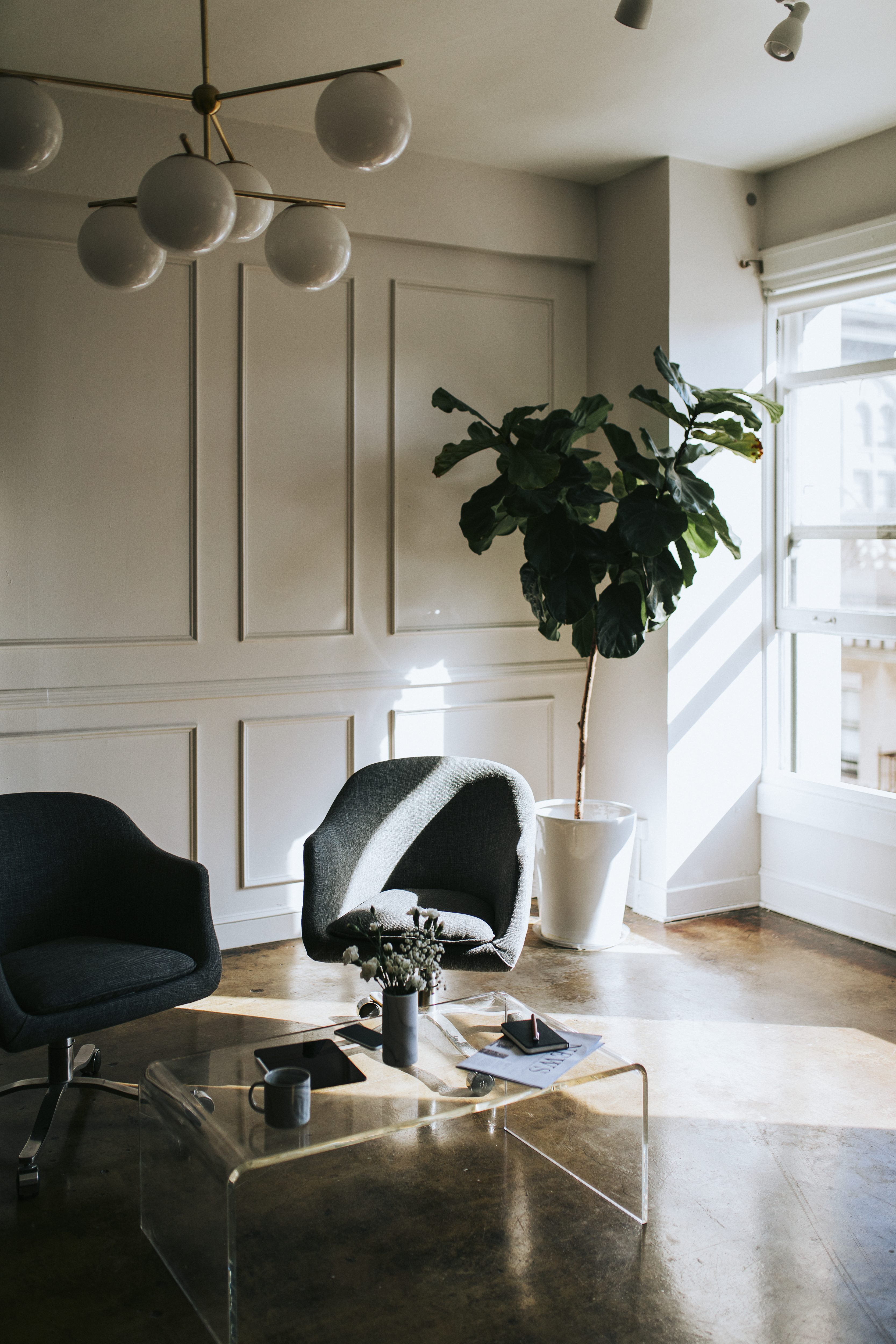 Modern living room with two dark chairs, a clear coffee table, potted plant by the window, and minimalistic decor
