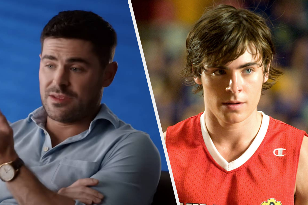 Zac Efron pictured in two different settings: on the left, in a casual shirt during an interview, and on the right, in a sports jersey from a movie scene