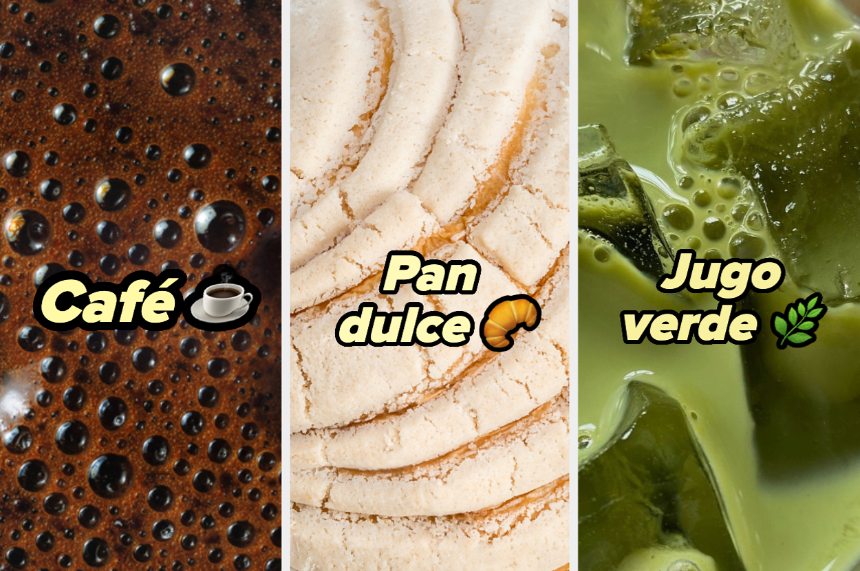 Café, pan dulce y jugo verde sobre una mesa