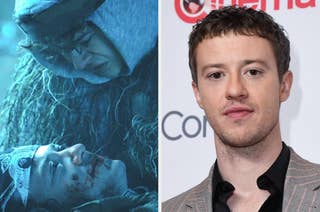 Side-by-side image: Left shows Joseph Quinn crying over a wounded figure in a dramatic scene. Right shows Joseph Quinn in a blazer and shirt at a Cinema event