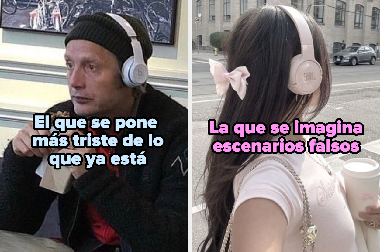 Una persona triste con auriculares escucha música a la izquierda, y una persona con un lazo y auriculares imagina escenarios falsos a la derecha