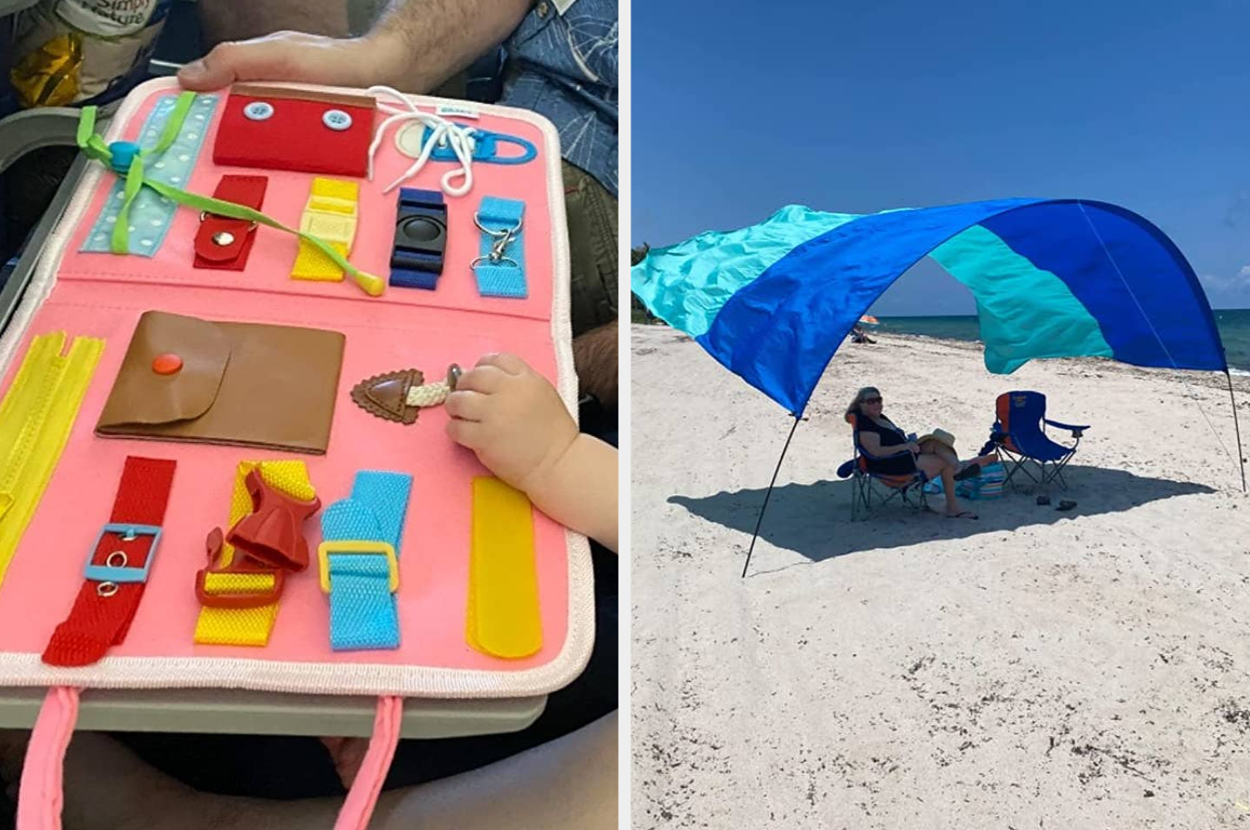 Two images: The left shows a hand interacting with a busy board with various fasteners and textures. The right shows a couple relaxing under a beach canopy on a sunny day