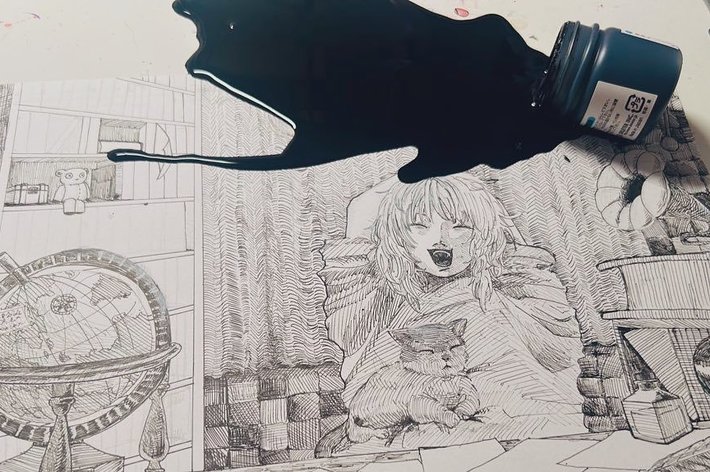 インクがこぼれて、こんなになっちゃった / 投稿者（@e_kakuyo_n）さんのXより