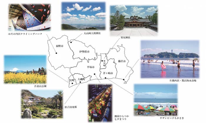 中央の地図は大和市を中心に据わり、周囲に観光地の写真や景観が配置されています。観光地例としては、箱根、江の島海岸、湘南ビーチがあります。