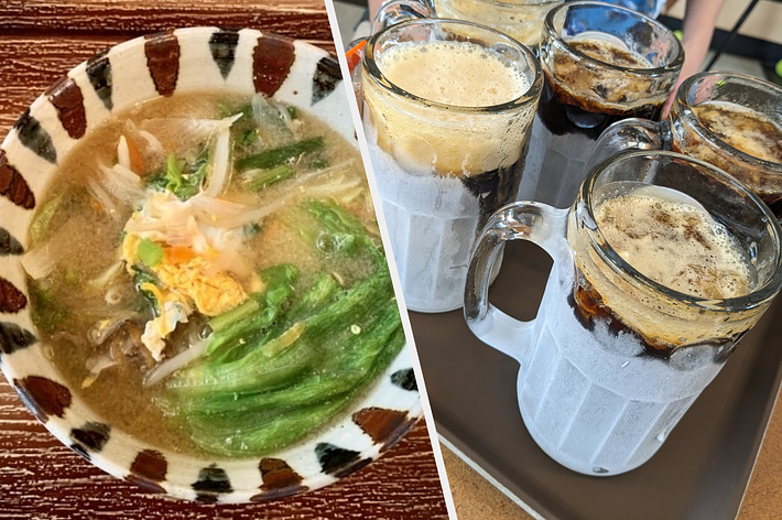 お盆に置かれた美味しそうなラーメンの一皿。白菜、卵、そしてその他の野菜が入っている。