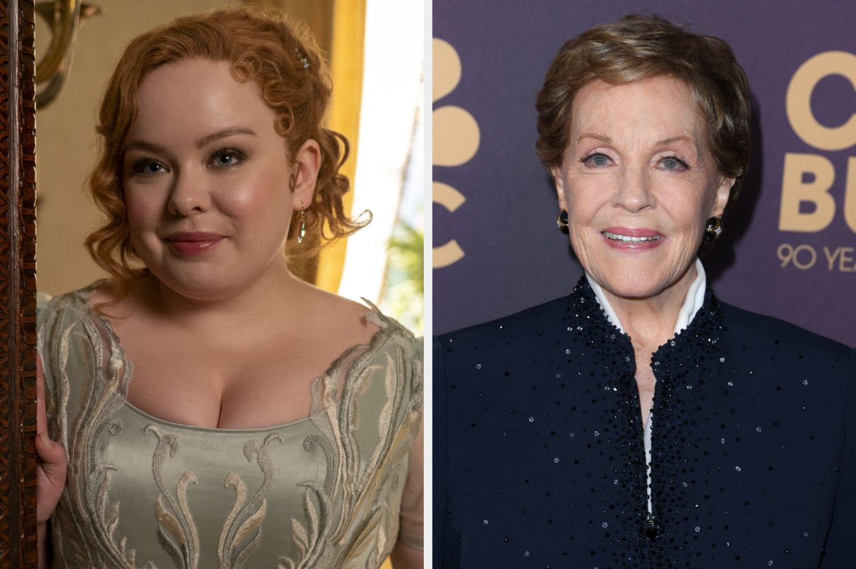 Nicola Coughlan, in an elegant embroidered dress, and Julie Andrews, in a classy dark outfit, are featured side by side