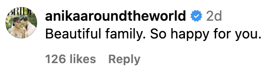 Instagram comment from &quot;anikaaroundtheworld&quot; with a verified checkmark: &quot;Beautiful family. So happy for you.&quot; The comment has 126 likes and a reply option