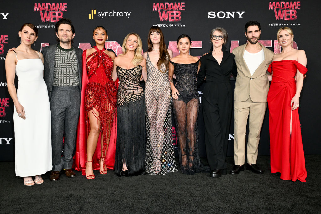 Emma Roberts, Adam Scott, Sydney Sweeney, Dakota Johnson, Celeste O'Connor, Isabela Merced, Jennifer Beals, Tahar Rahim, and Zosia Mamet on the red carpet for &quot;Madame Web.&quot;