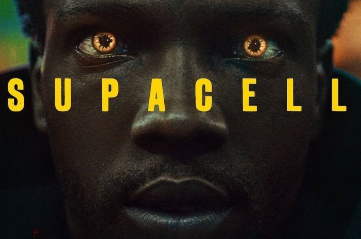 Close-up of a person with glowing eyes, with the text "SUPACELL" overlayed on the image