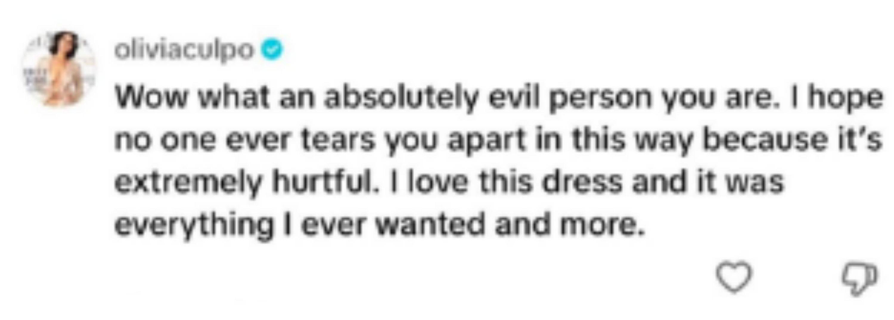Comment from Olivia Culpo: "Wow what an absolutely evil person you are. I hope no one ever tears you apart in this way because it’s extremely hurtful. I love this dress and it was everything I ever wanted and more."