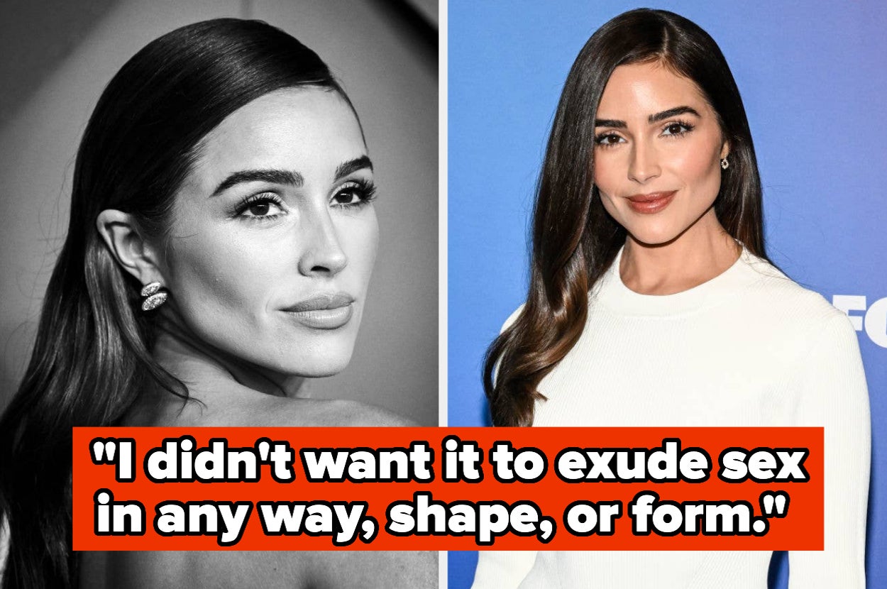 Two images of Olivia Culpo. Left: Portrait showing her face. Right: Olivia in a white dress on the red carpet. Text reads, "I didn't want it to exude sex in any way, shape, or form."
