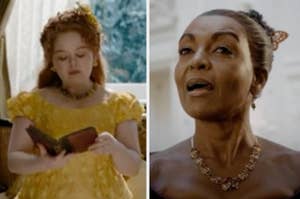 Nicola Coughlan in a period dress reads a book beside a scene of Adjoa Andoh speaking, both from the TV show "Bridgerton."